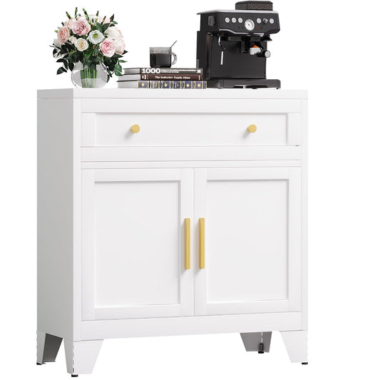 YAUWOH Metal Sideboard Cabinet with Big Drawers,Farmhouse Coffee Bar with One Adjustable Shelves,Buffet Cabinet,Metal Storage Cabient for Kitchen, Dining Room, Entryway, White