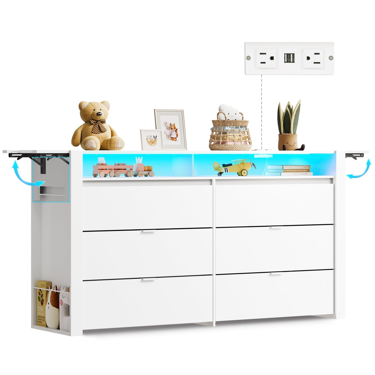 WLIVE 78 Inch Dresser for Bedroom, Large Chest of Drawers Expandable White Wood Dresser from 5'3" to 6'5'' with Flexible Shelves and Hanging Rack, Led Dressers for Living Room (85'' TV)