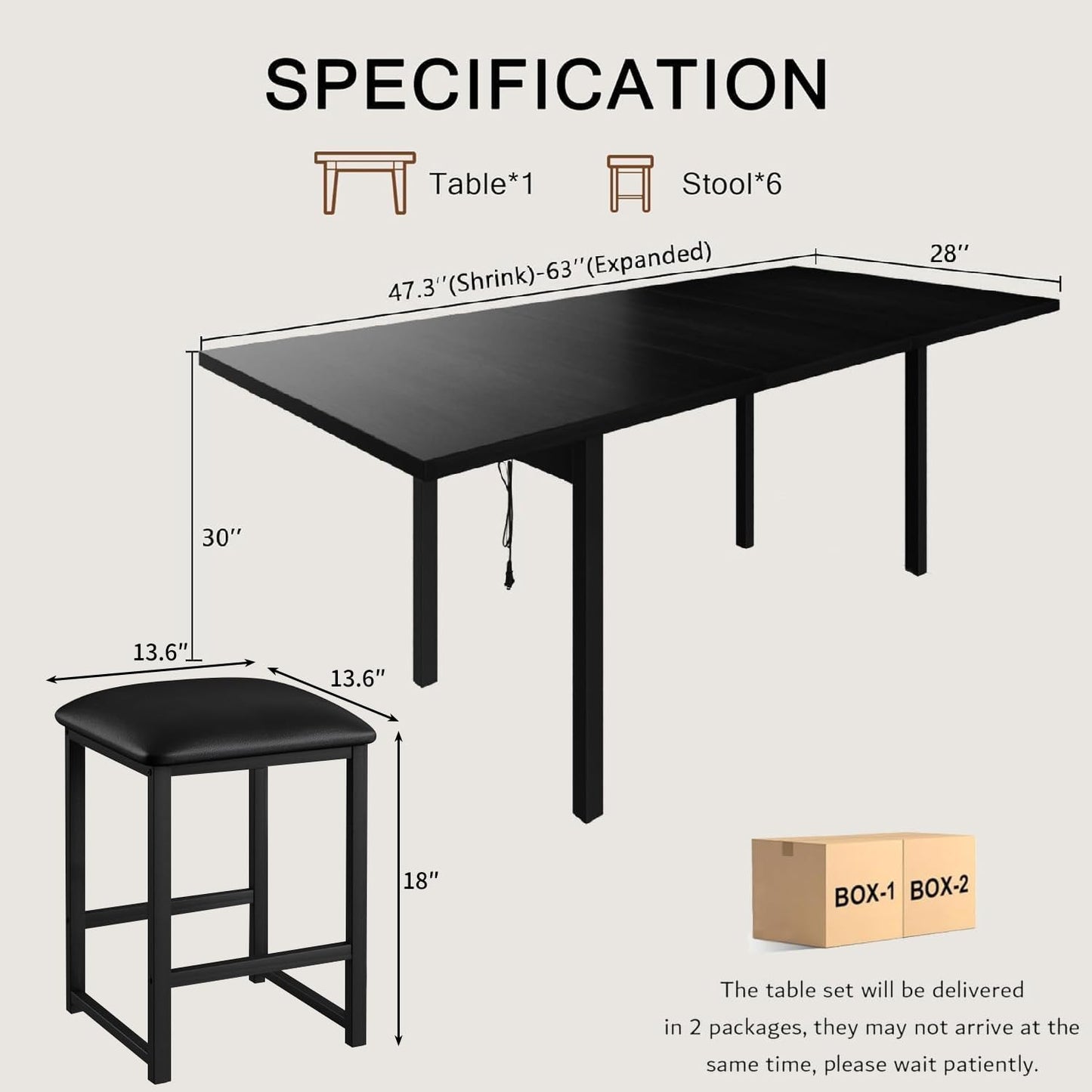 VECELO 7-Piece Dining Table Set with 6 Square Stools, 63" Expandable Kitchen Table with USB Charging & Metal Frame for 2/4/6, Wood Dinette Perfect for Small Spaces, Easy Assembly, Black