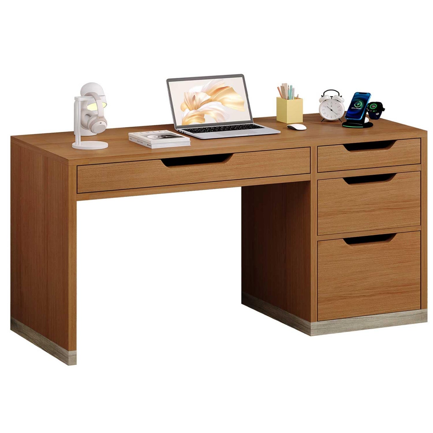 MaverickFurni 52 Inch Desk with 4 Drawers, Small Computer Desk for Small Space, Home Office Desk with Storage File Cabinet for Bedroom, Brown