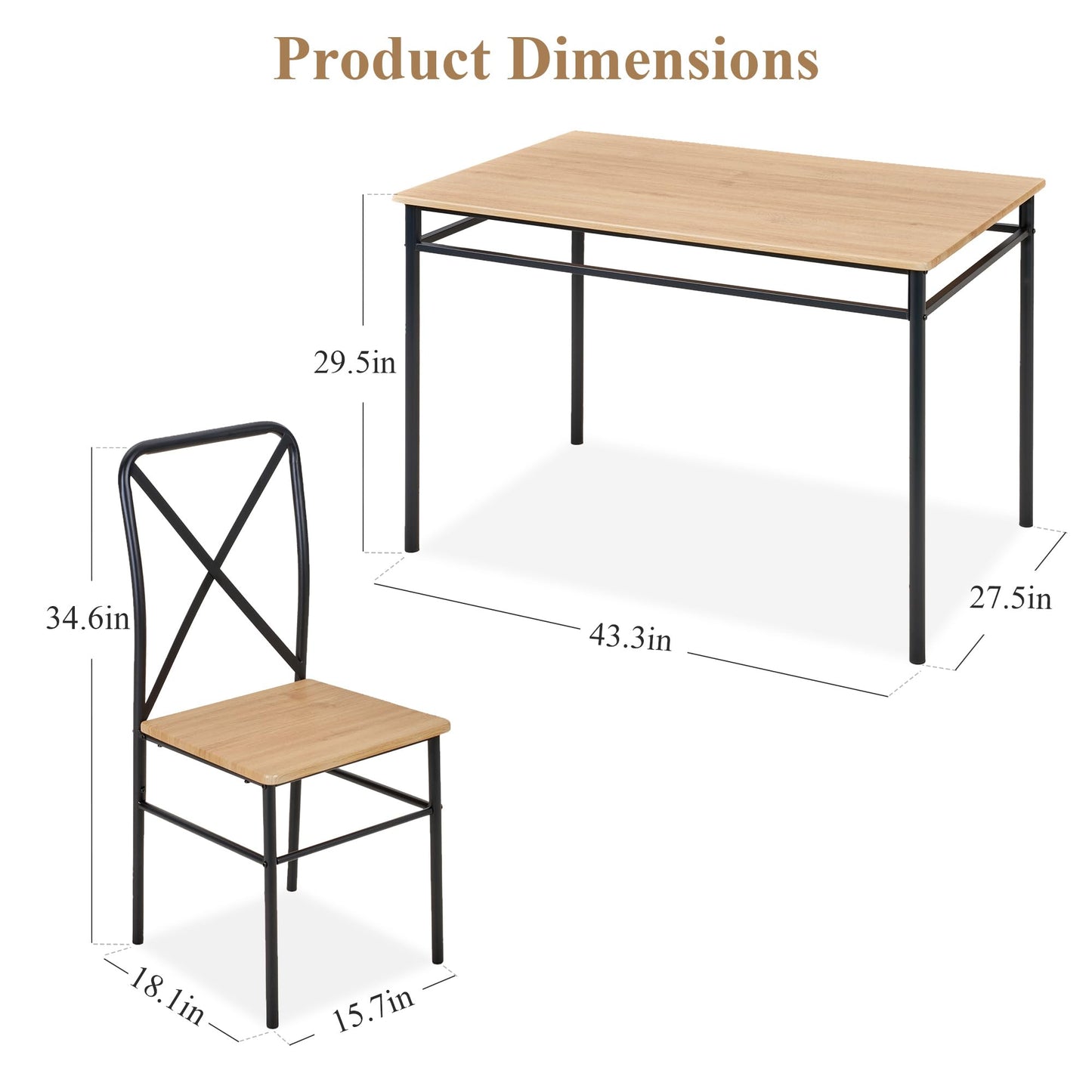 VECELO 5-Piece Kitchen Dining Table Set, Wood Tabletop & Heavy-Duty Metel Frame, Rectangle Dinette with 4 Chairs for Small Space, Breakfast Nook, Natural & Black
