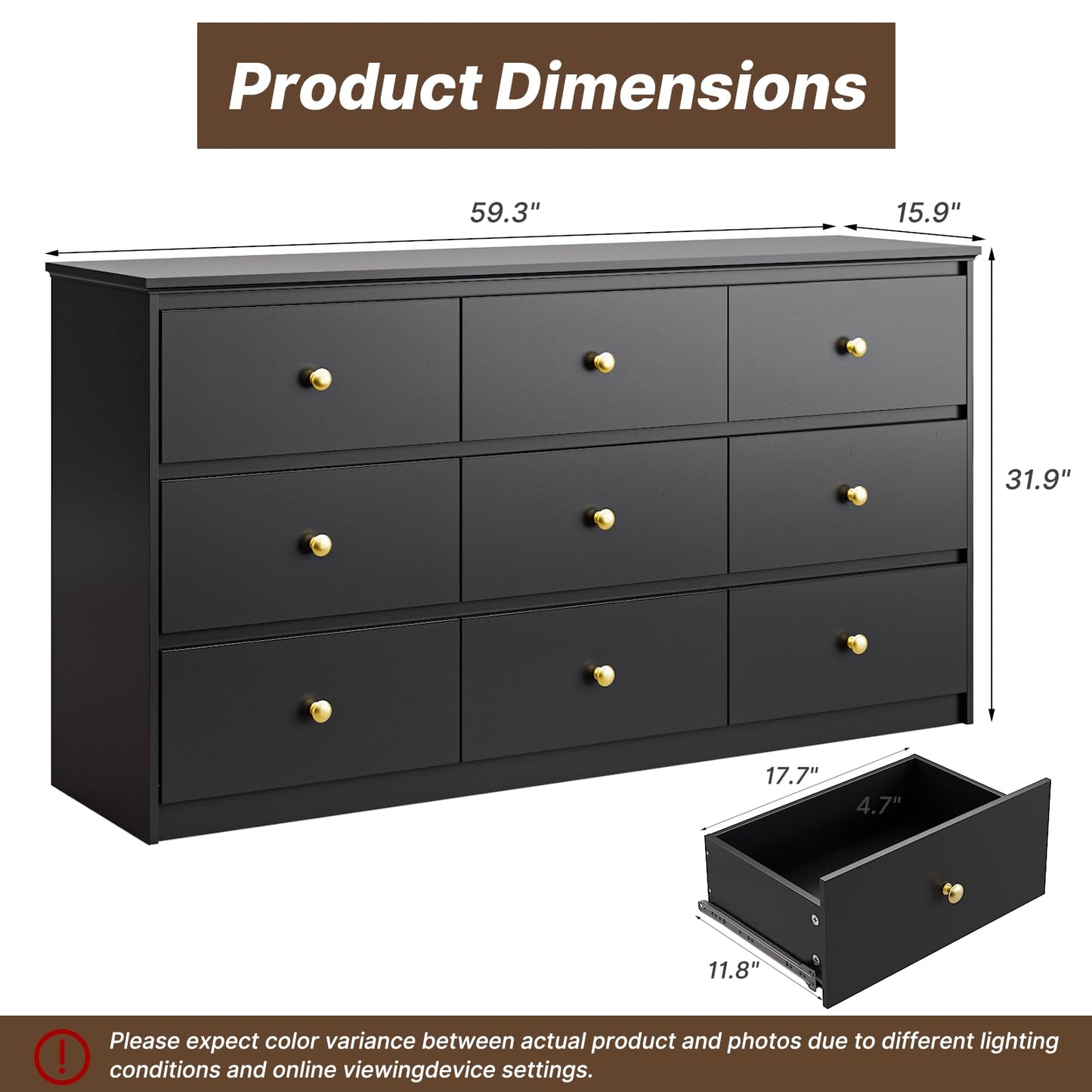 Tradare 9 Drawers Dresserfor Bedroom, 59" Wide Modern Chest of Drawers with Ample Storage, Dresser TV Stand, Wooden Storage Organizer for Living Room, Hallway, Black