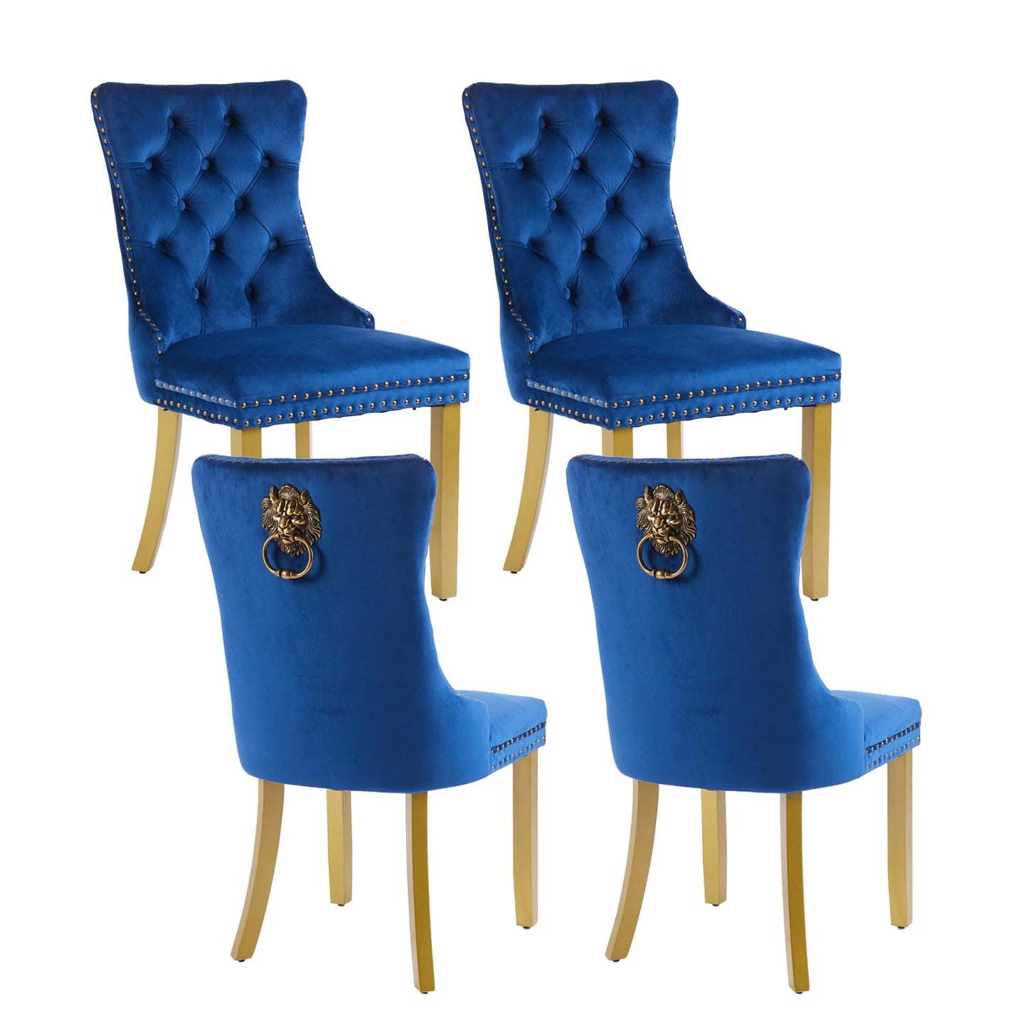Velvet Dining Chairs Set of 4, Modern Tufted Dining Room Chair, Upholstered Dining Chairs with Lion Head Pulls Ring and Golden Solid Wood Legs, Luxury Kitchen Chairs for Dining Room, Blue