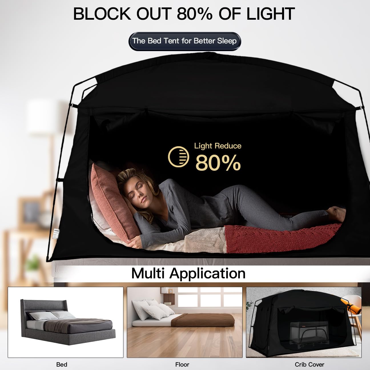 Bed Tent,Portable Privacy Sleeping Bed Canopy,Blackout 90% Drapes for Kids and Adult,Full Size Indoor Space Tent with Breathable Large Mesh Windows(Black, Full)