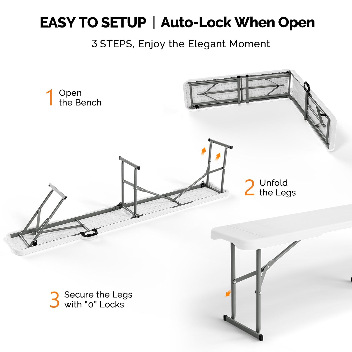 VINGLI 6 feet Plastic Folding Bench,Portable in/Outdoor Picnic Party Camping Dining Seat, Garden Soccer Multipurpose Entertaining Activities, Smooth HDPE Tabletop, 2 Pack, White