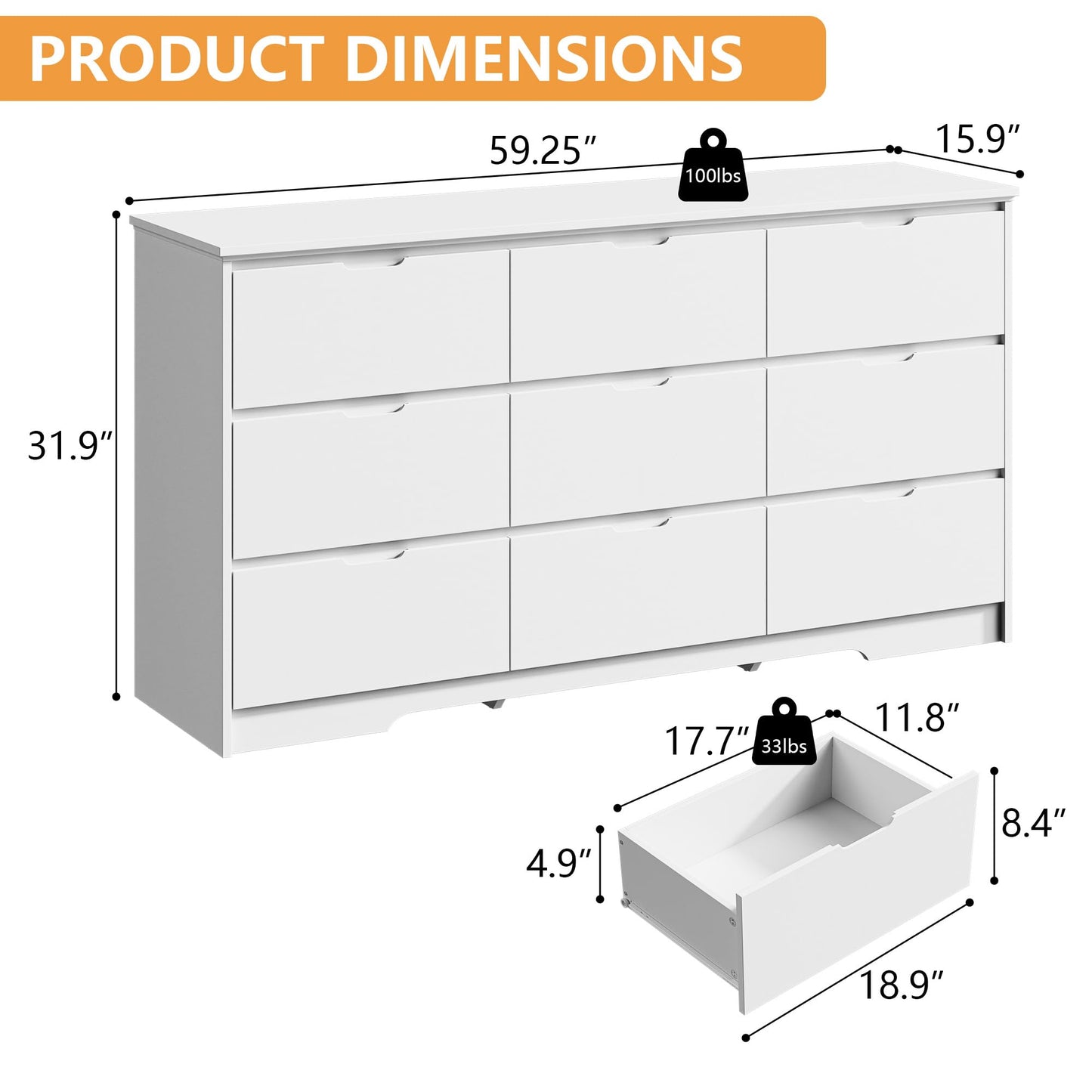 Tradre 59'' White Dresser for Bedroom, 9 Drawer Wood Dresser with Handle Free, Large Modern Chest of Drawers Dresser for Home Office, Living Room, Entryway