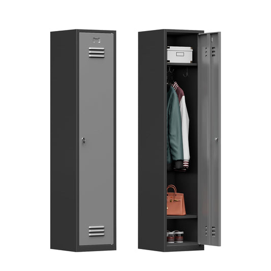 Topass Metal Lockers for Employees with Keys, 71" Tall Steel Storage Cabinet with Lockable Door, Metal Storage Locker for School Office Gym (1-Door, Black&Grey)