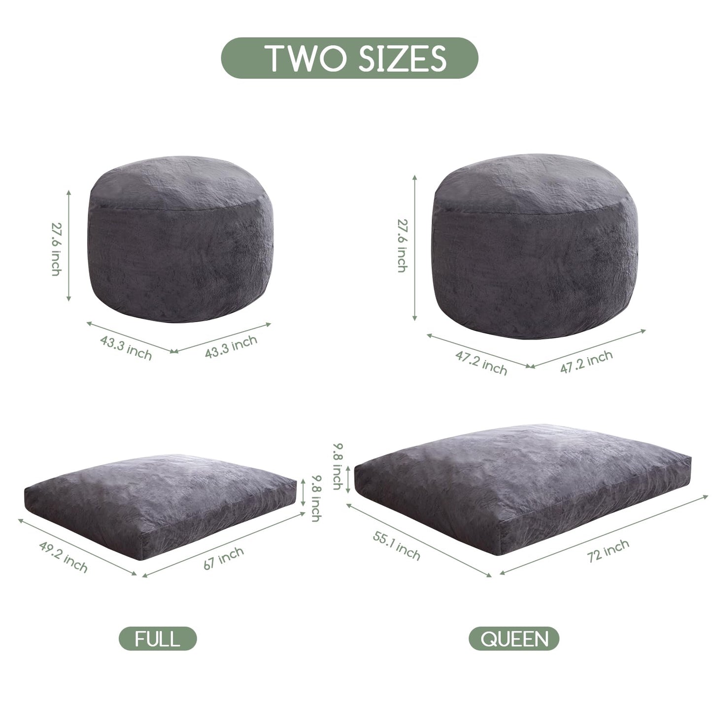 HIGOGOGO Giant Bean Bag Chair Bed for Adults,Convertible Beanbag Folds from Lazy Chair to Floor Mattress Bed,Large Floor Sofa Couch with High-Density Foam Filling, Machine Washable, Dark Grey
