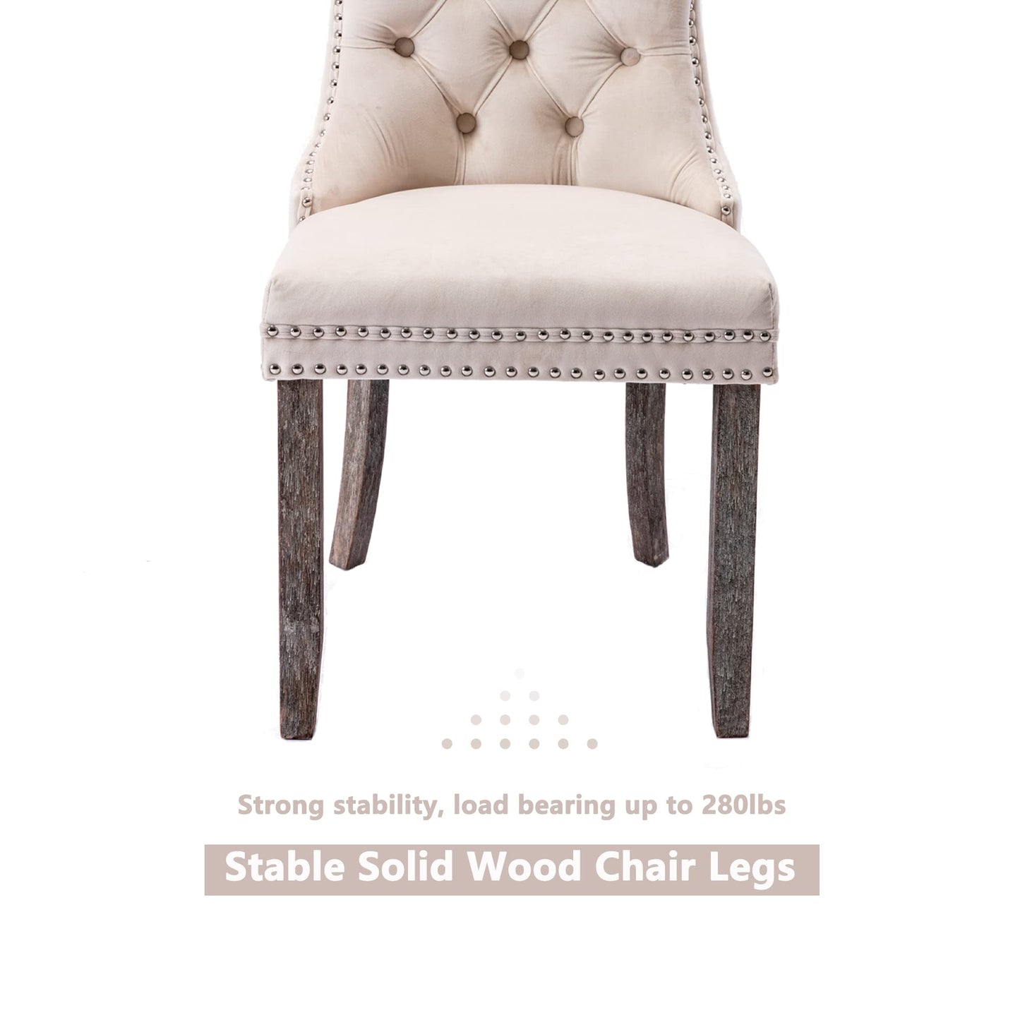 Virabit Tufted Dining Chairs Set of 6, Velvet Upholstered Dining Chairs with Nailhead Back and Ring Pull Trim, Solid Wood Dining Chairs for Kitchen/Bedroom/Dining Room (Beige)