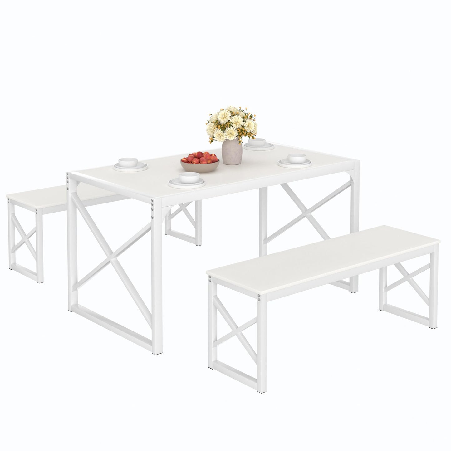 VECELO Kitchen Dining Table Set for 4, 55" Wood Rectangle Dinette with 2 Benches, Heavy-Duty Metal Frame for Small Space, Breakfast Nook, White