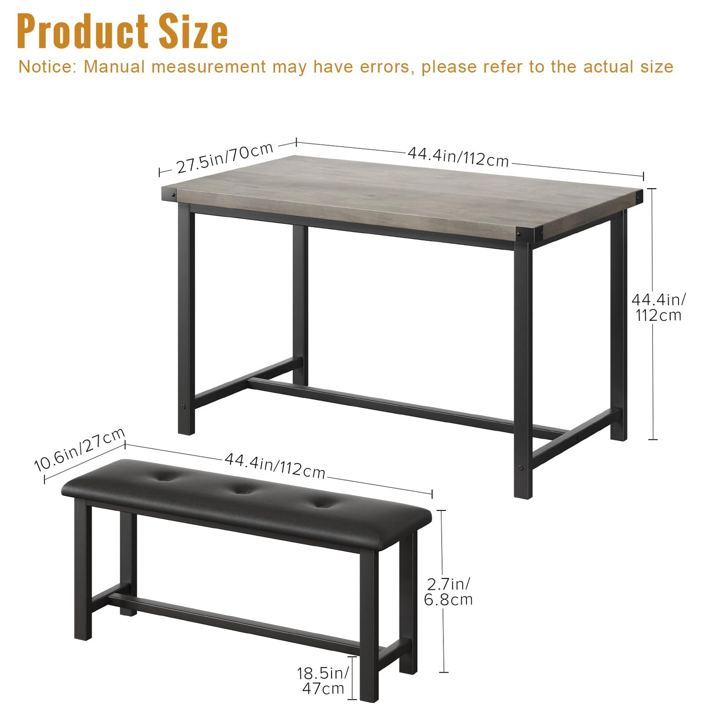3 PSC Dining Table Set with 2 Upholstered Benches and 1 Table for 4, 44" Small Space Breakfast Nook Set, Kitchen Table with Tufted Upholstered Seats, Rustic Wood & Metal Frame, Easy Assembly