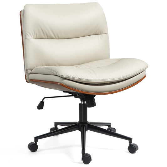 WQSLHX Office Chair, Criss Cross Legged Office Desk Chairs with Wheels, PU Leather Adjustable Swivel Walnut Task Chair with Wide Seat, Ergonomic Mid Back Computer Chair for Meeting Room, Home