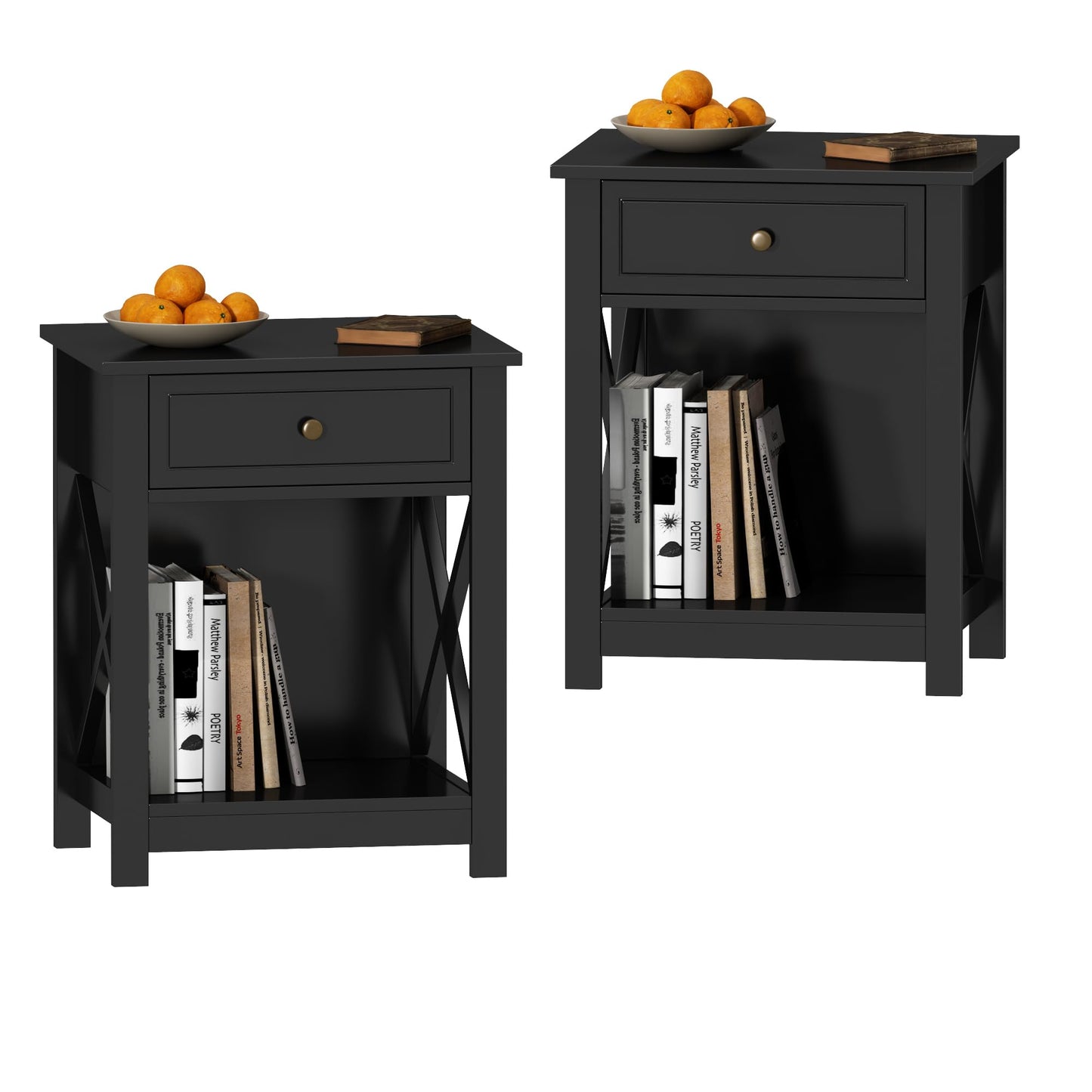 Treocho Black End Table Set of 2, Modern X-Design Night Stand,Bedside End Table with Open Storage for Small Place,Bedroom