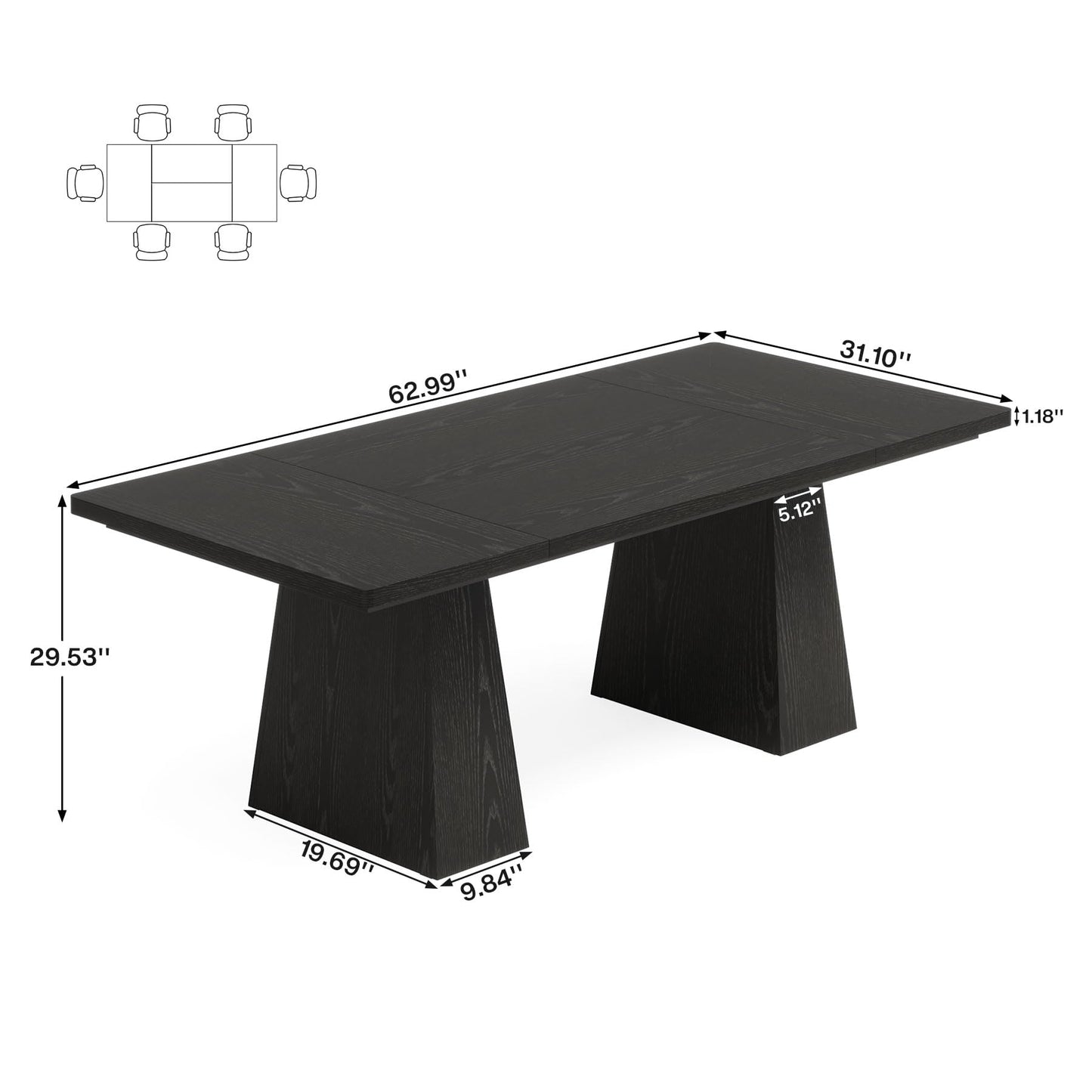 Tribesigns Dining Table for 6, Farmhouse Wood Dinner Rectangular Table Kitchen Table with Double Pedestal, 63" L x 31.5" W x 30" H, Black