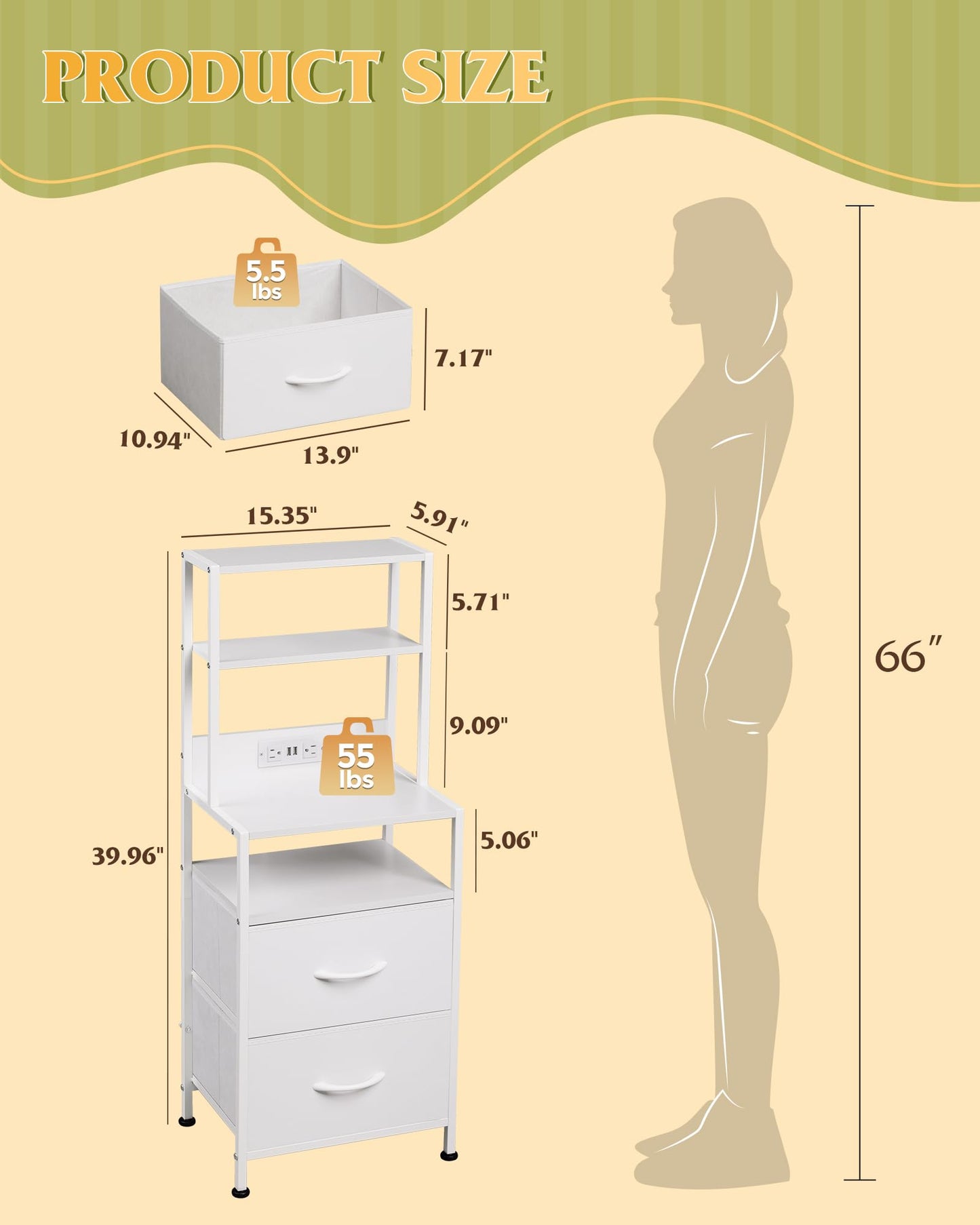 WLIVE Nightstand Set of 2 with Charging Station, LED Night Stands with 2 Fabric Drawers and 4 Storage Open Shelves, Bedside Table Sets for Bedroom, White