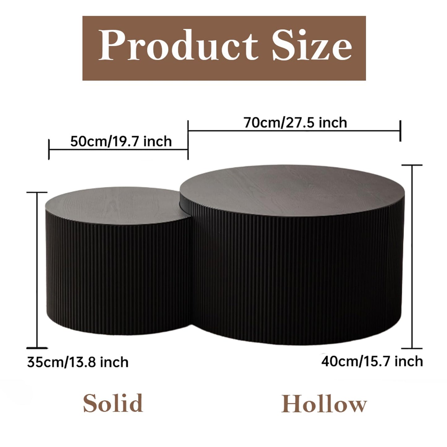 WUPDPQS Round Nesting Coffee Table Black Round Fluted Coffee Table Set of 2 for Living Room Small Circle Drum Coffee Tables Crescent End Table (Black B 27in)