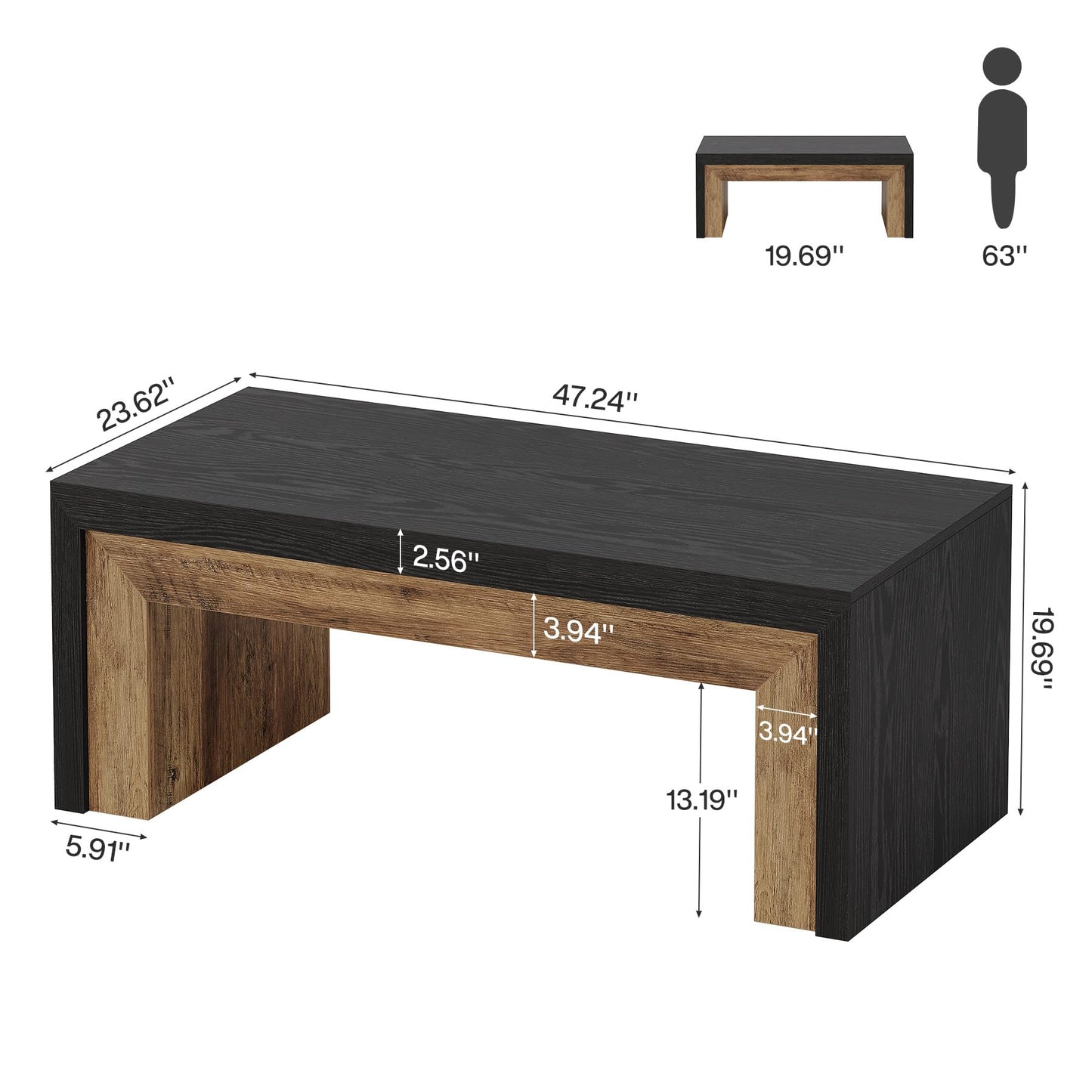 Tribesigns Farmhouse Coffee Table for Living Room, Mid-Century Modern Coffee Table with Sturdy Base, Large Rectangle Accent Center for Apartment, Easy Assembly (Black & Walnut)