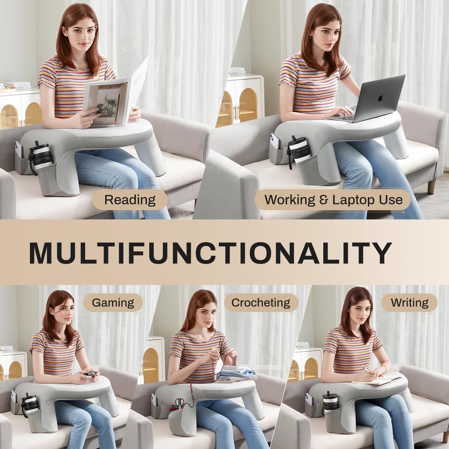 WOGAHEV Reading Pillow for Bed, Lap Desk for Laptop, Memory Foam Arm Rest Support Gaming Pillow with Cup/Phone Pocket, Laptop Lap Desk for Working, Gaming, Reading on Couch Bed Floor- Grey