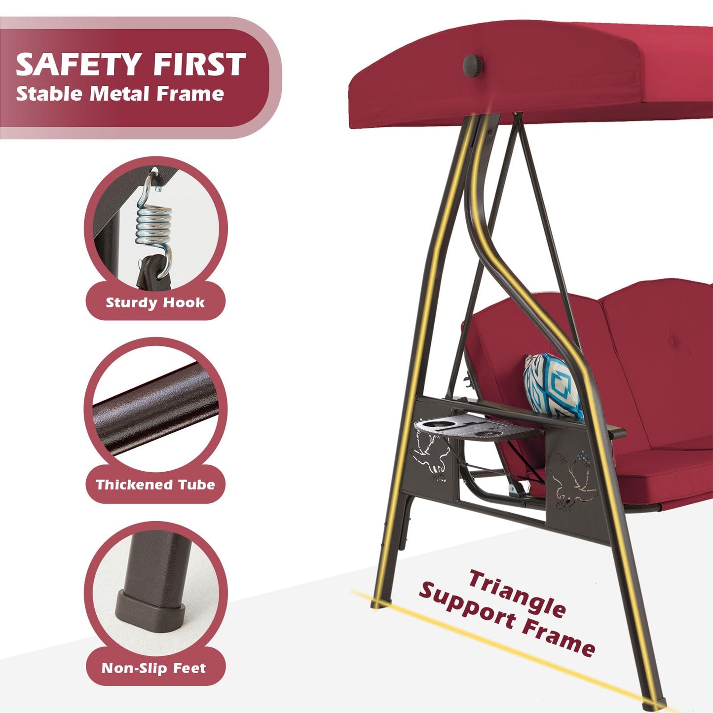 ZZW 3-Seat Outdoor Porch Swing with Stand, Patio Swing with Canopy, 2 in 1 Porch Swing Bed & Patio Swing Chair for Adult w/Extra Pillows and Cup Holder for Yard (Wine Red)