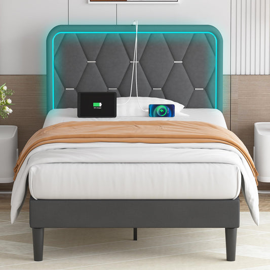 VECELO Upholstered Twin Bed Frame with Headboard Adjustable, Velvet Platform Bed with LED Lights, Charging Station, Mattress Foundation with Wooden Slats, Noise Free, No Box Spring Needed, Dark Grey