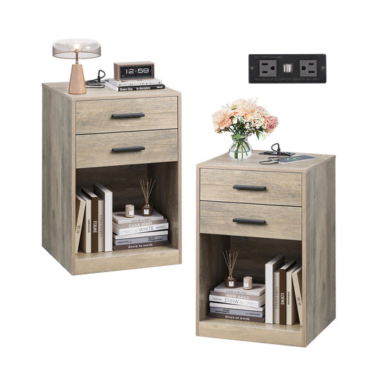 WLIVE Night Stand Set of 2 with Charging Station, Nightstands with Wood Drawers and Open Shelf, Bed Side Tables Living Room, Bedroom, Modern End Table Set 2, Greige