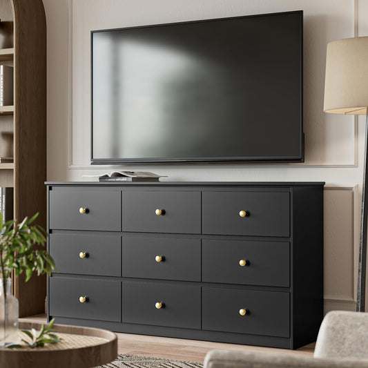 Tradare 9 Drawers Dresserfor Bedroom, 59" Wide Modern Chest of Drawers with Ample Storage, Dresser TV Stand, Wooden Storage Organizer for Living Room, Hallway, Black