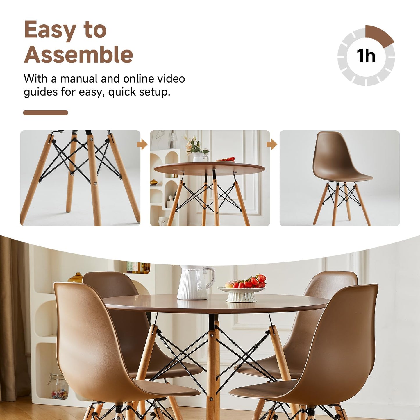 Yuqunfur Round Dining Table Set for 4 35.5" Wood Dinner Table Circle Dining Table Kitchen Table Chairs Set of 4 with Wood Strip Base for Kitchen Living Room Space Saving Apartment(Brown)