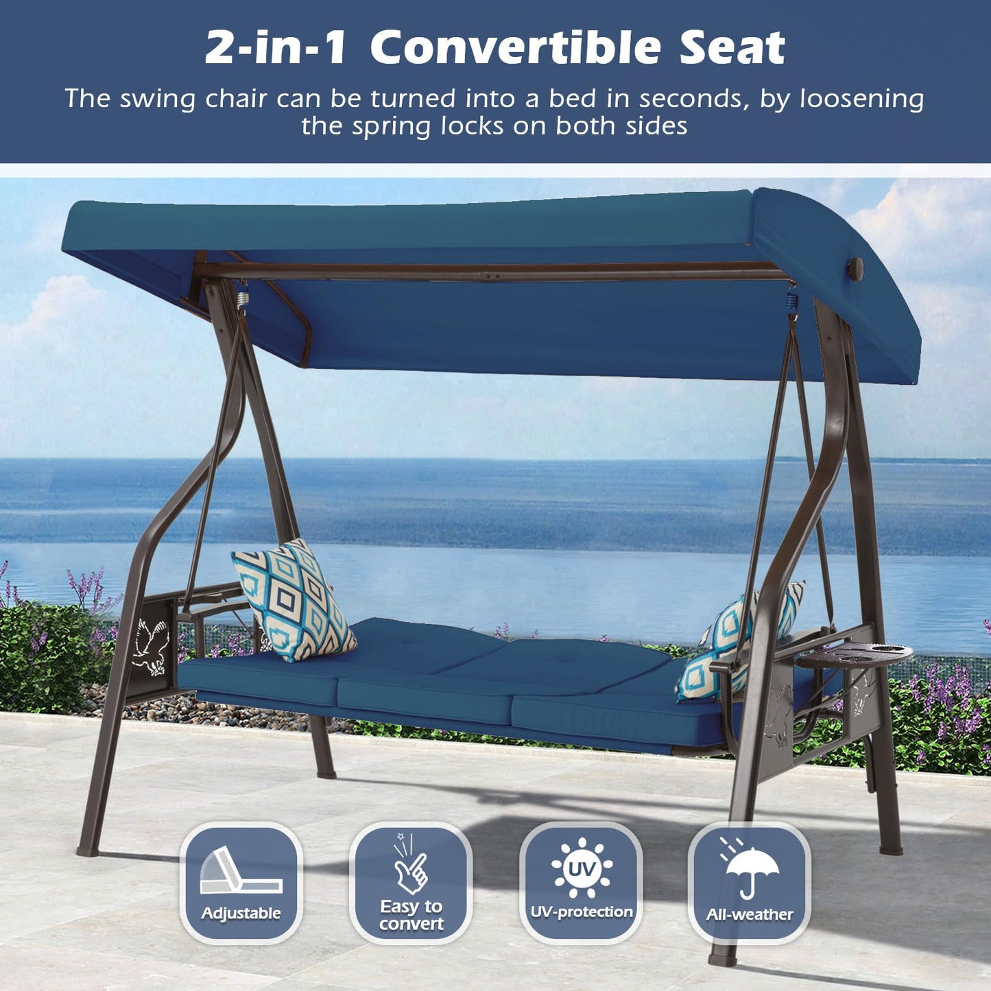ZZW 3-Seat Outdoor Porch Swing with Stand, Patio Swing with Canopy, 2 in 1 Porch Swing Bed & Patio Swing Chair for Adult w/Extra Pillows and Cup Holder for Yard (Blue)