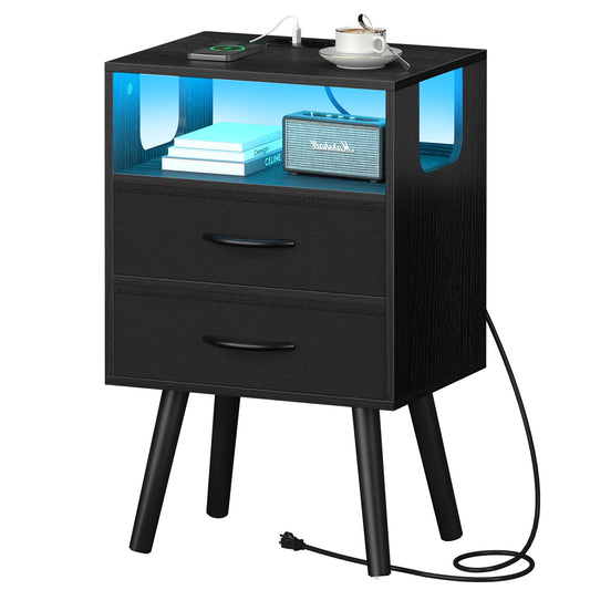 Yoobure LED Night Stand with Charger Station, Mid Century Modern Nightstand with Fabric Drawers, Bedside Table Nightstands with Storage Shelf, Bed Side Table Small Night Stands for Bedroom Living Room