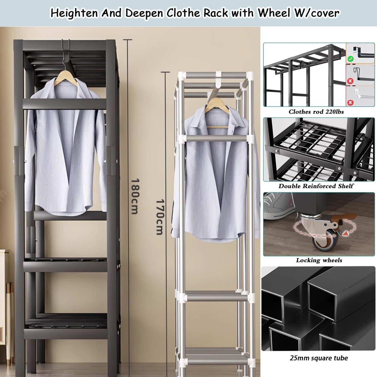 71in Foldable Portable Wardrobe Closet with Magnetic Door 2000lbs Heavy-duty Clothe Rack with Wheels and Cover Large Covered Clothing Coat Storage Organizer System (Grey zipper, 70.86in/5.9ft)