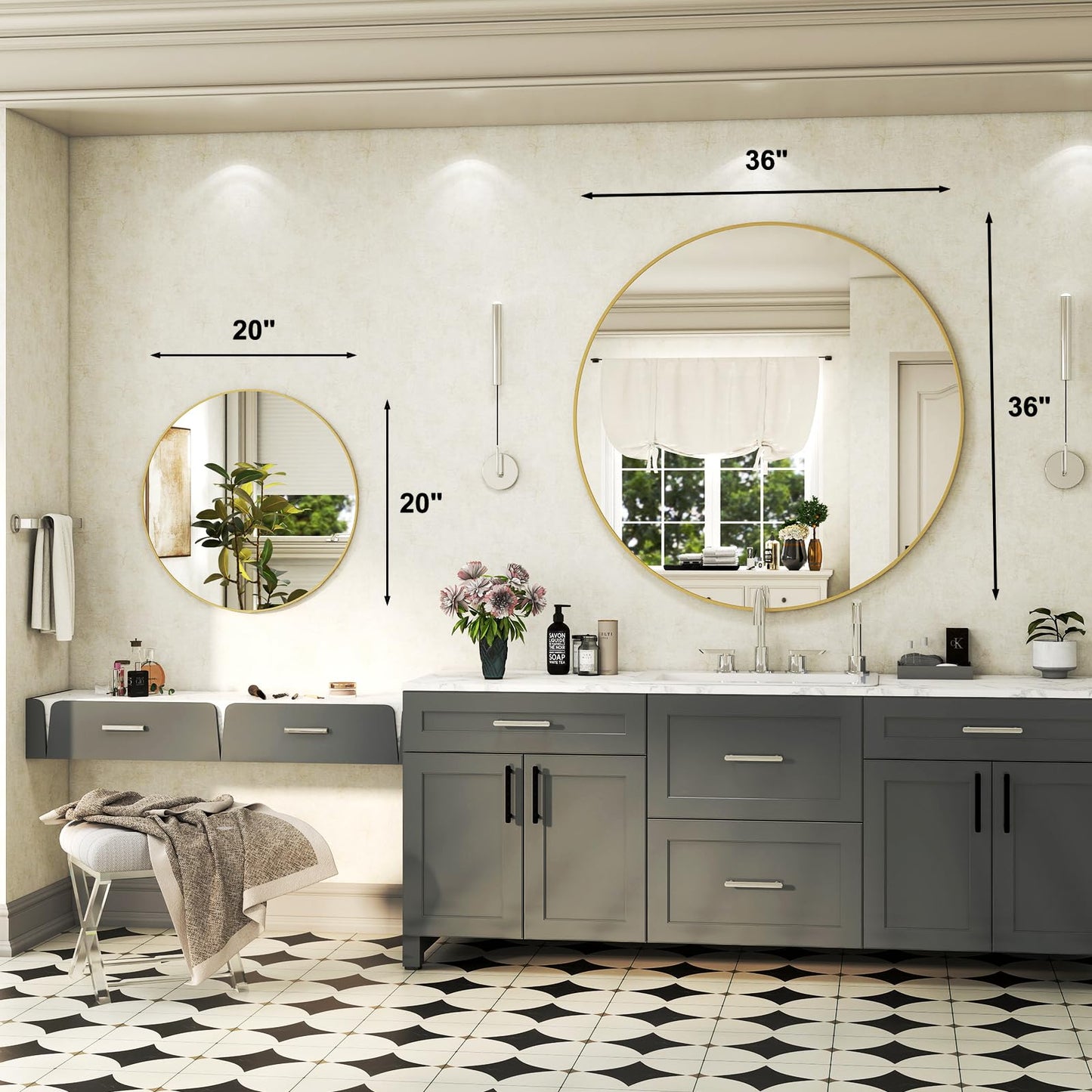 36 Inch Round Bathroom Mirror - Black Wall Mounted Circle Mirror with Metal Frame, Modern Round Hanging Mirror Suitable for Bathroom, Vanity, Entryway, Living Room