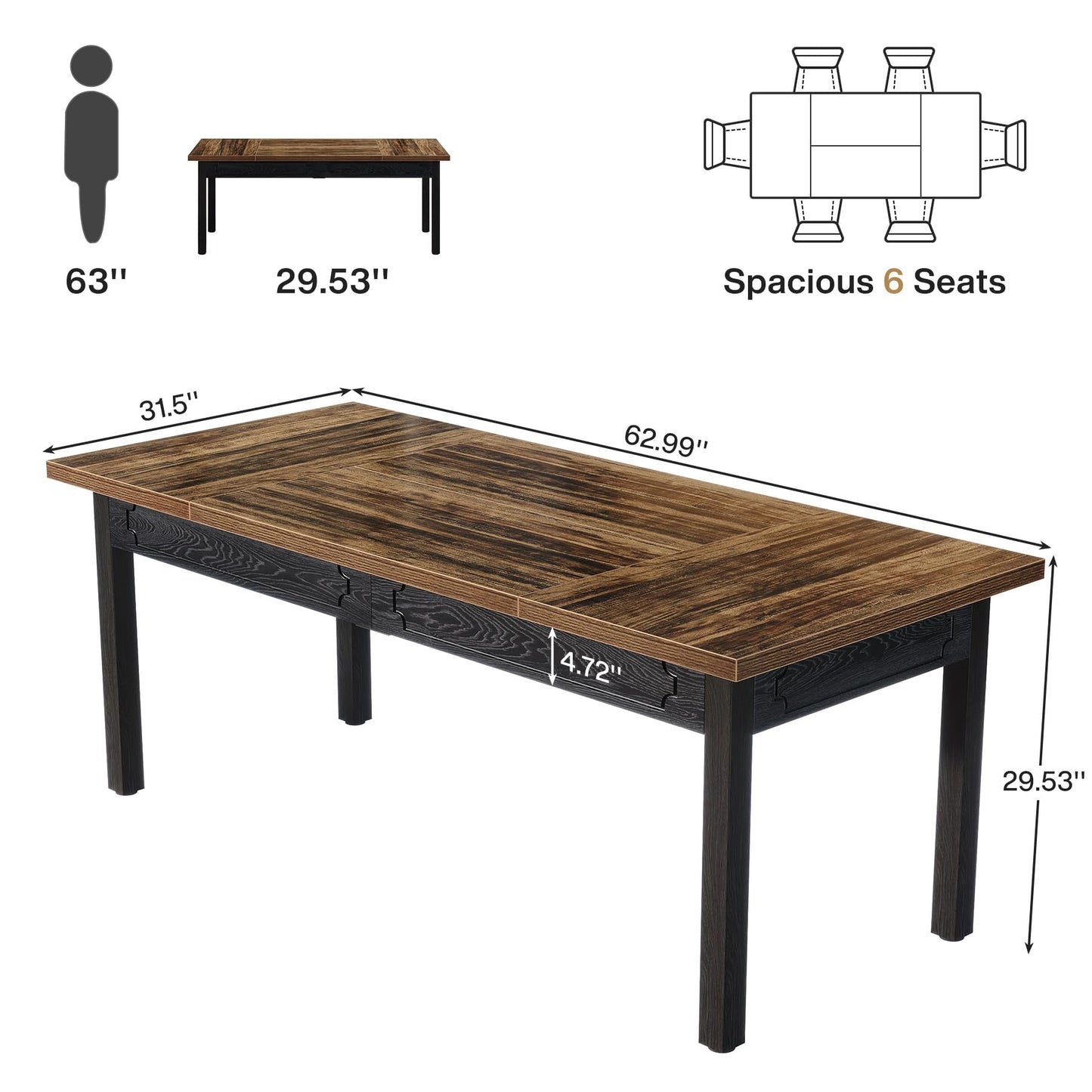 Tribesigns 63-inch Farmhouse Dining Table for 4-6, Rectangular Dining Room Table with Sturdy Legs, Modern Kitchen Dinner Furniture for Dining Room, Living Room, Kitchen, Rustic Brown & Black