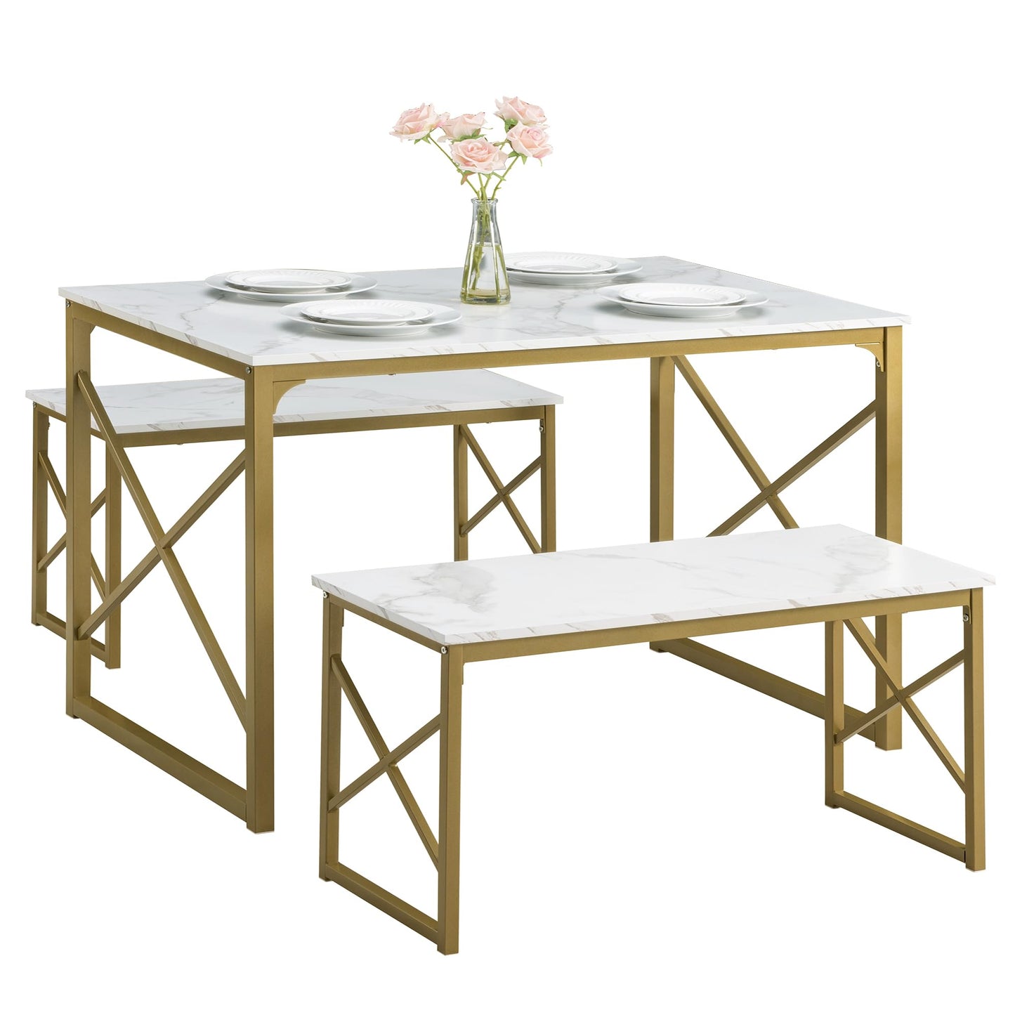 VECELO Kitchen Table with 2 Benches for 4, Wood Dining Room Dinette Sets with Metal Frame for Breakfast Nook and Small Space