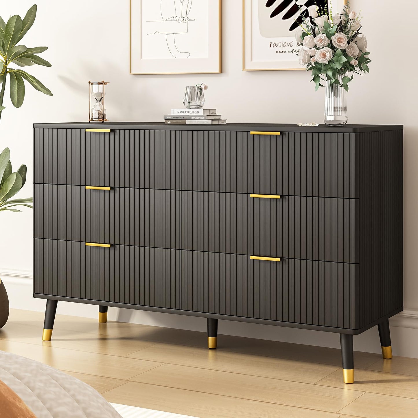 Tradare Black Dresser, Fluted 6 Drawer Dresser for Bedroom, Wooden Modern Chest of Drawers with Gold Metal Handles, Black