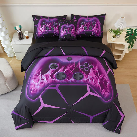 ZSYAYAHA Boys Comforter Set Twin 6 Pieces Gaming Bedding Set Black Purple Bed in A Bag Set Modern Video Games Bed Set for Kids Bed Decor(Purple, Twin)