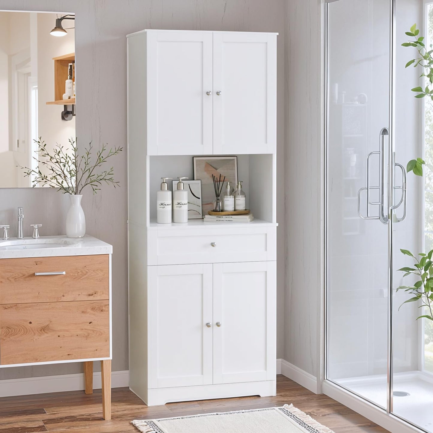 Tall Bathroom Storage Cabinets with Drawer, Modern Linen Cabinet with Doors & Shelves, 67"H Tall Storage Cabinet Freestanding for Bathroom, Living Room, Kitchen & Pantry, Laundry, Narrow Corner, White