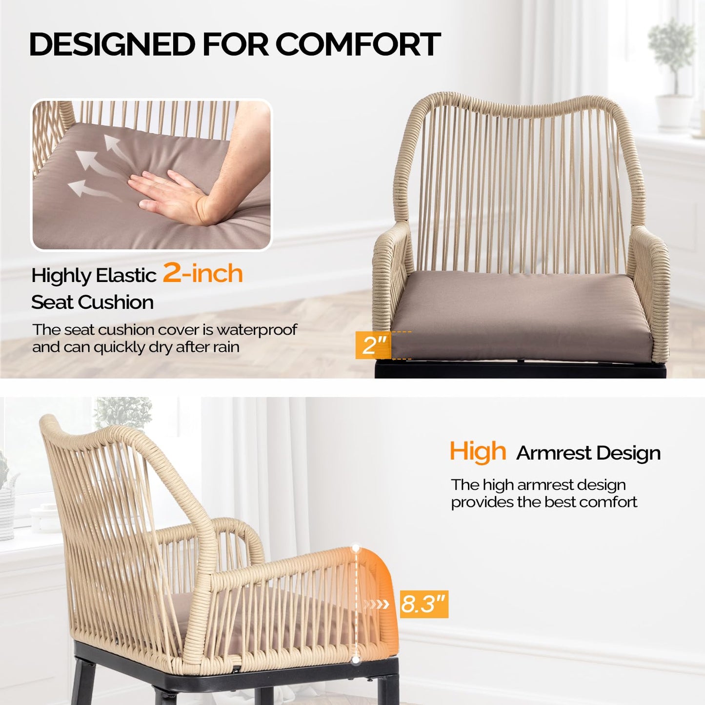 VINGLI Outdoor Bar Stools Set of 2, Heavy-Duty Outdoor Barstools Boho Woven Patio Bar Stools with Backrest, Patio Garden Balcony Pool Bar Chairs with Cushions (Apricot)