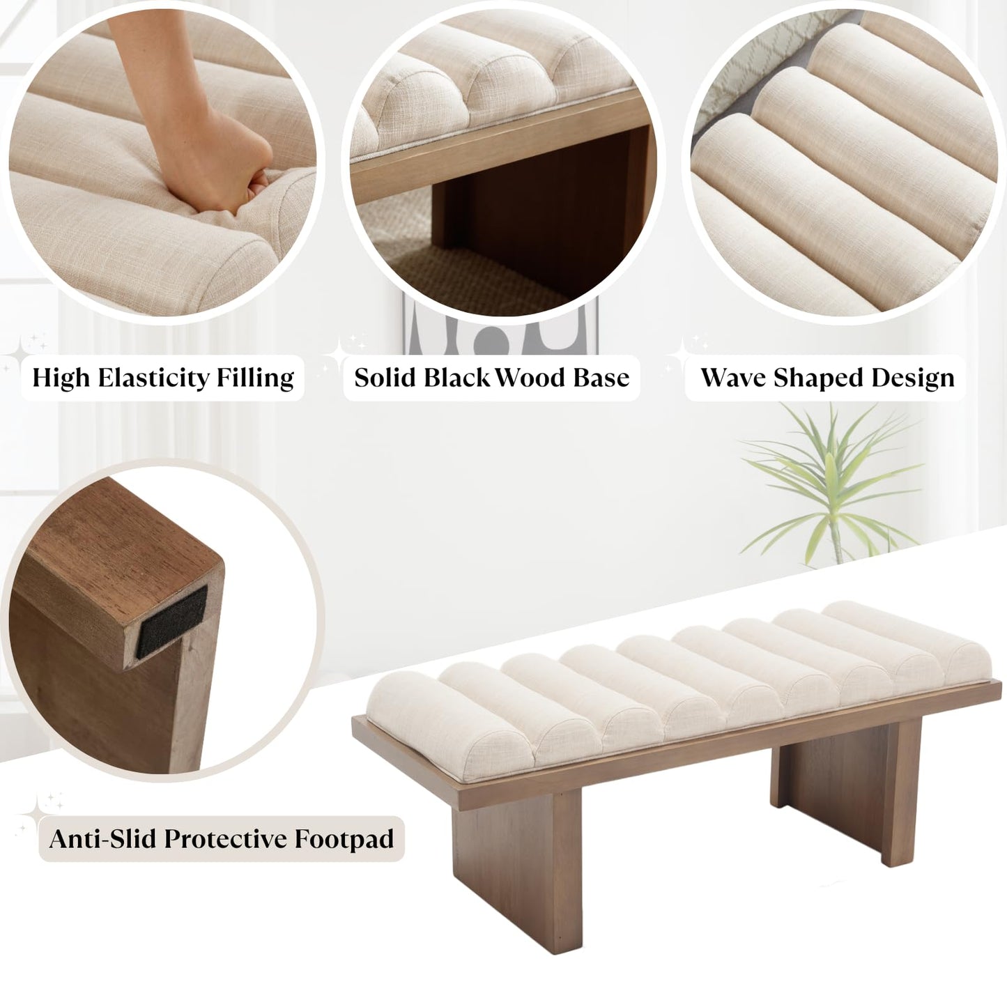 Ya-Home Modern Upholstered Entryway Bench, 47” Linen Fabric Bedroom End of Bed Bench with Cylindrical Cushion/Solid Wooden Base, Window Padded Benches for Living Room/Foyer/Hallway, Natural Leg