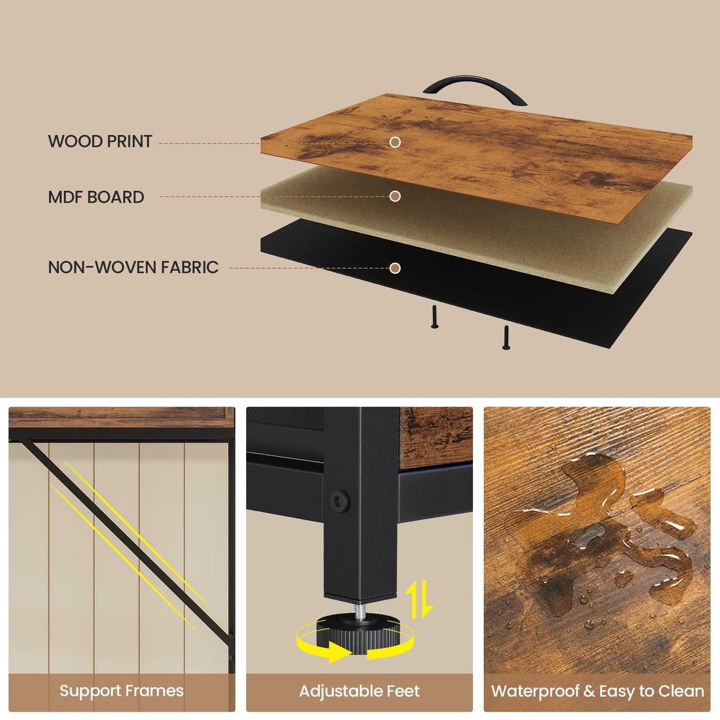 BTHFST 55" TV Satnd for Bedroom Room, Wall Unit Entertainment Center with 2 LED Lights & Power Outlets, TV Stand Dresser with 6 PU Fabric Drawers & 4 Open Storage Shelves, Rustic Brown