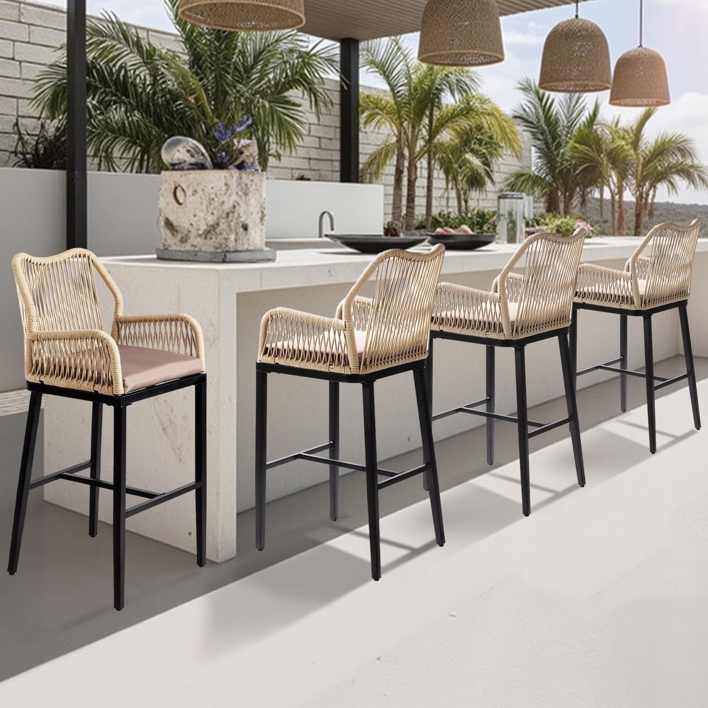 VINGLI Outdoor Bar Stools Set of 2, Heavy-Duty Outdoor Barstools Boho Woven Patio Bar Stools with Backrest, Patio Garden Balcony Pool Bar Chairs with Cushions (Apricot)