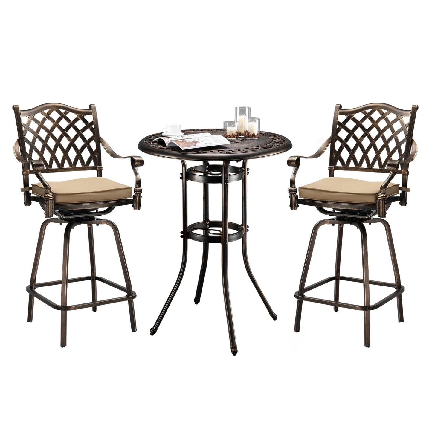 VINGLI 3 Piece Outdoor Patio Bar Set, Cast Aluminum Outdoor Swivel Bar Stools and Table w/Umberlla Hole, All-Weather Outdoor Bar Table and Chairs High Top Bistro Set w/Cushions (Grid Back)