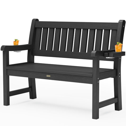 YEFU Outdoor Bench for Patio Waterproof: Heavy Duty 2-Person Garden Bench with 2 Cup Holders & Oversized Seating - HIPS Weatherproof Patio Benches for Front Porch Backyard Park, Black