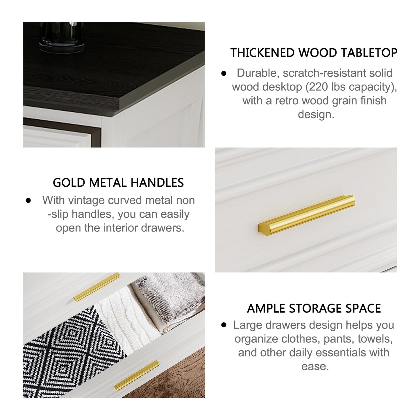 Virabit White Dresser for Bedroom with 6 Drawers, 44" Tall Wooden Farmhouse Cabinet, Modern Kids Dresser with Metal Handle, Mid Century Chest of Organizer for Closet, Living Room, Hallway