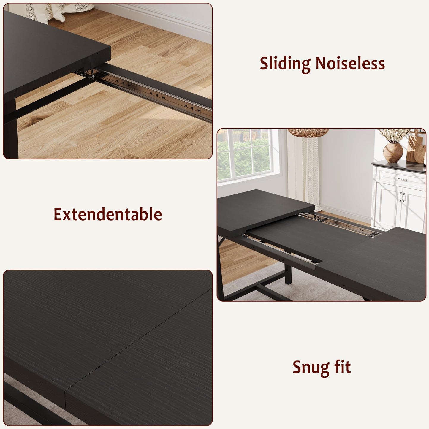 CABIHOME Dining Table Set for 4-6, 63" Extendable Dining Room Table Set With 2 Upholstered Benches, 3 Piece Large Rectangle Kitchen Table Set With Metal Frame for Apartment, Saving Space, Rustic Black