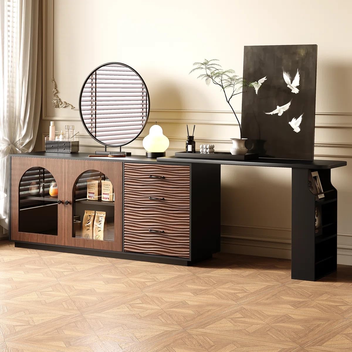 Trroec Adjustable L-Shaped Corner Table with 3 Drawers and 2 Glass Cabinet Doors Length 65.75"-94.48" Expandable Wooden Vanity and Desk Combo Side Storage for Bedroom Dressing Room Study