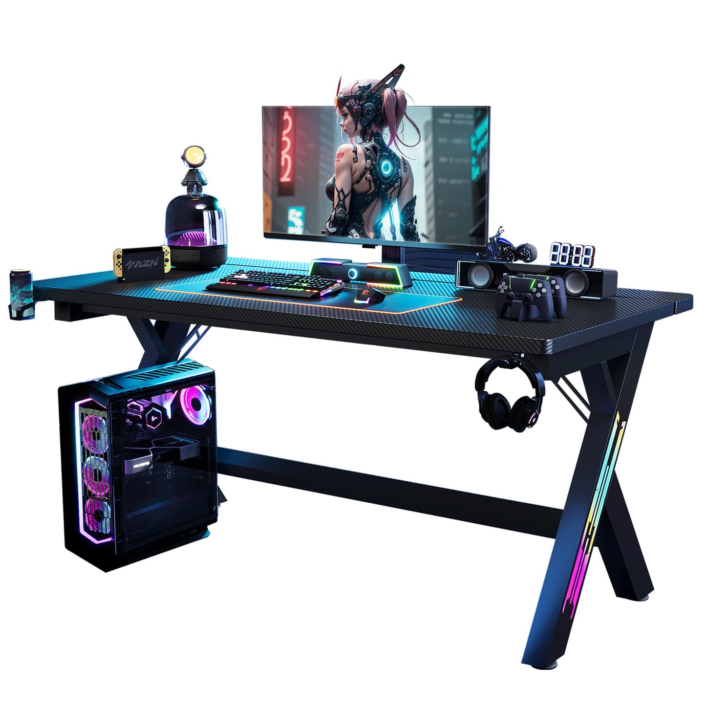 55.11 Inch Gaming Desk Computer Desk with LED Lights, Sturdy Small Desk for Bedroom, Home Office Desks Ergonomic PC Gaming Table Workstation w/Cup Holder, Headphone Hook, Cable Box, Carbon Fiber Black