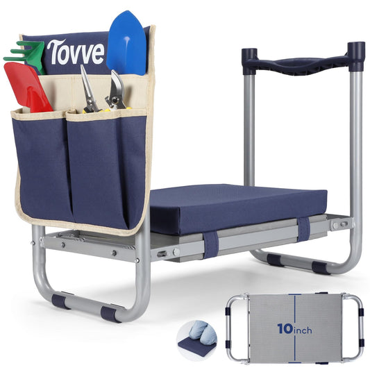 Tovve Foldable Garden Kneeler and Seat, Heavy Duty Garden Stool with 10" Wide Detachable Kneeling Pad, Portable Garden Bench Chair with Large Garden Tool Bag, Gardening Gifts for Women, Seniors, Mom