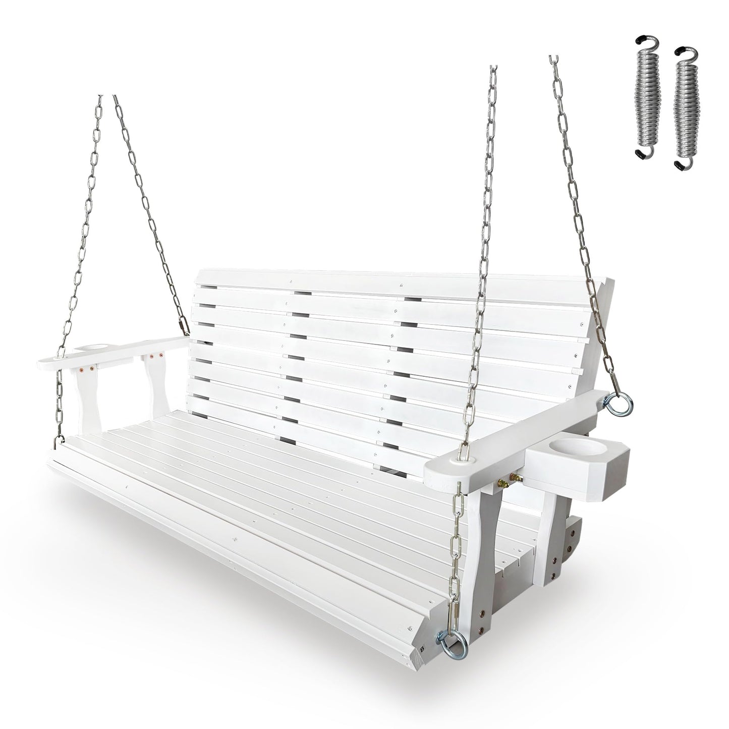 Wooden Porch Swing 3-Seater, Bench Swing with Cupholders, Hanging Chains and 7mm Springs, Heavy Duty 880 LBS, for Outdoor Patio Garden (Pure White, 5 FT Extra Large)