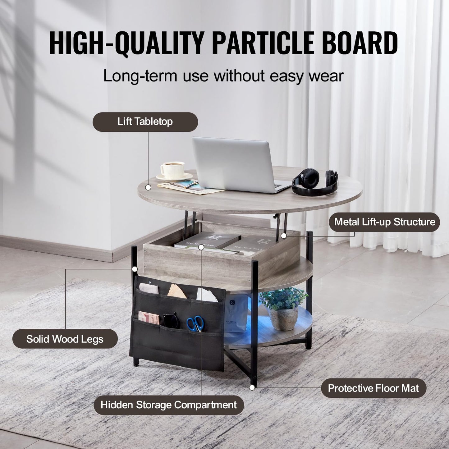 VEVOR Round Lift Top Coffee Table with LED Light, 35.43" Circle Coffee Table with Storage and Hidden Compartment, Farmhouse 2 Tier Large Dining Table for Living Room Reception Room, Wood, Gray