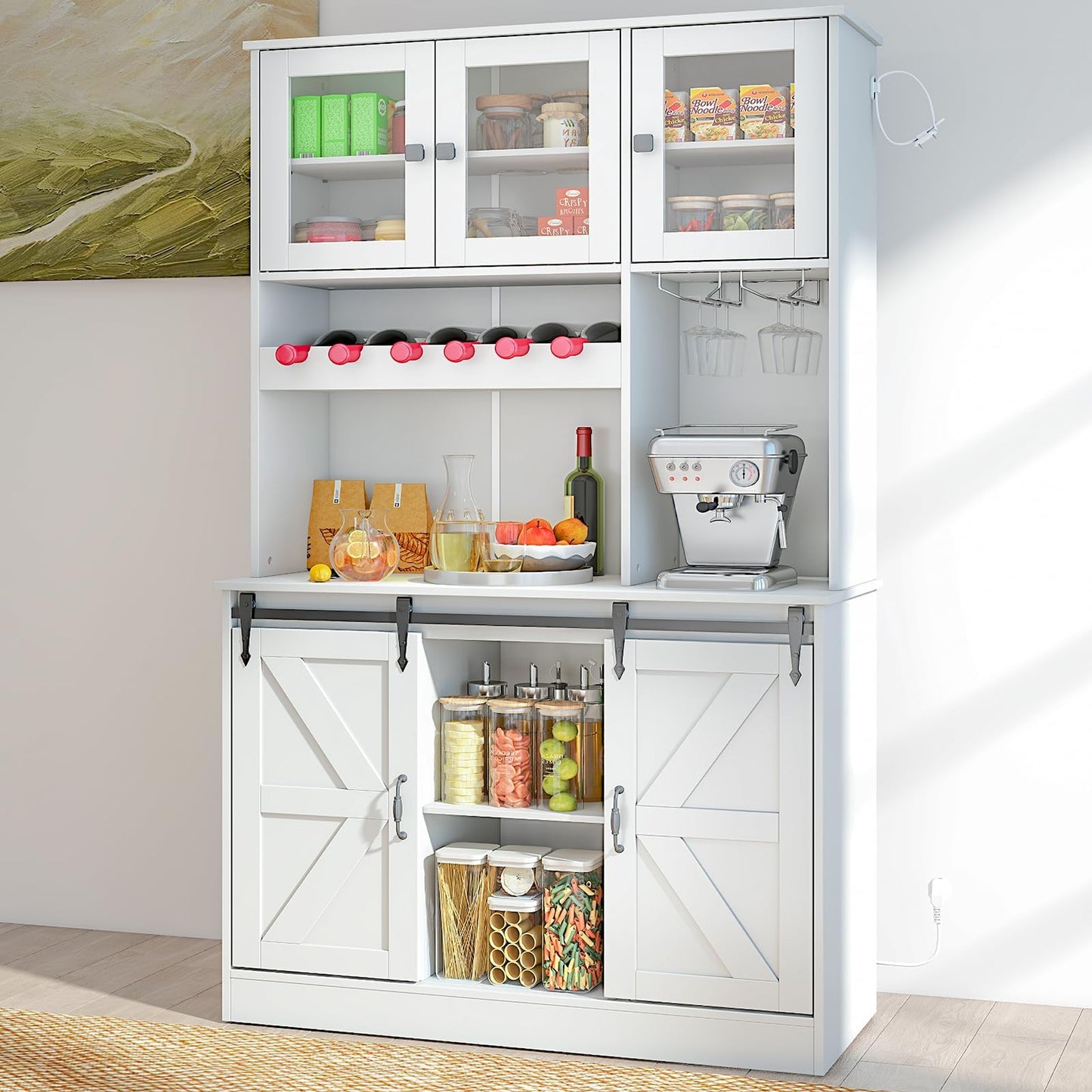 71" Kitchen Pantry Storage Cabinet with Charging Station, Farmhouse Coffee Bar Cabinet with Adjustable Shelves, Tall Hutch Cabinet with Microwave Stand & Wine Rack for Kitchen, Living Room (White)
